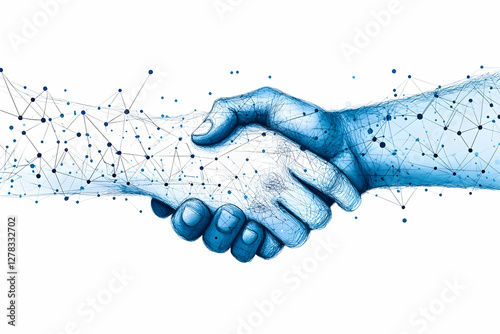 digital handshake with digital network connections on a white background