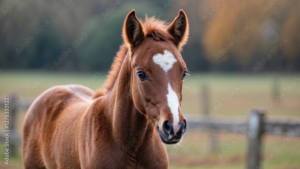 Fototapeta premium Portrait of a brown foal in a serene outdoor setting with blurred background and empty space for text or design elements.