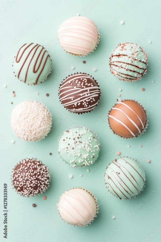 Brightly colored cake pops arranged artistically on a soft mint green surface, featuring various toppings and creative designs that invite sweet indulgence Brightly colored cake pops arranged artistically on a soft mint green surface, featuring various toppings and creative designs that invite sweet indulgence