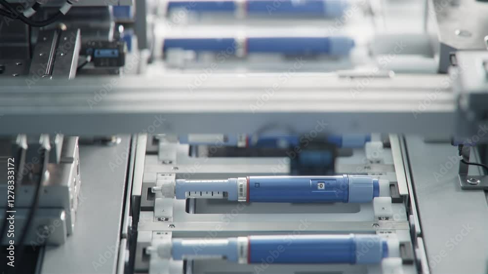 Top view of Insulin Injection Pens on Conveyor Line during Production Process at Modern Pharmaceutical Factory. Weight Loss Medication Manufacturing. Medicinal Drug Production Plant. 