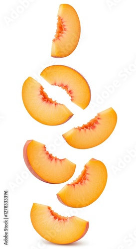 Fresh peach slices falling down on white background. Juicy peach pieces tumbling in mid-air on white bg. peach slices gracefully floating downward
