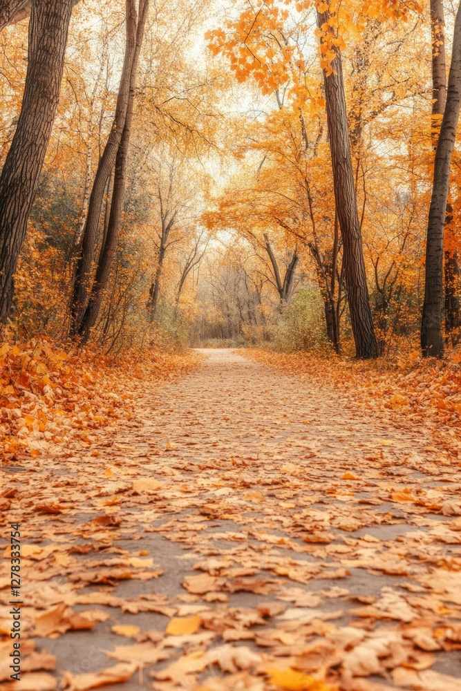 Obraz premium A tranquil path stretches through a park, surrounded by trees adorned in orange and yellow leaves. The ground is blanketed with fallen foliage
