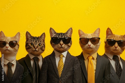 a group of cats in a suit wearing sunglasses like businessman concept isolated on yellow background