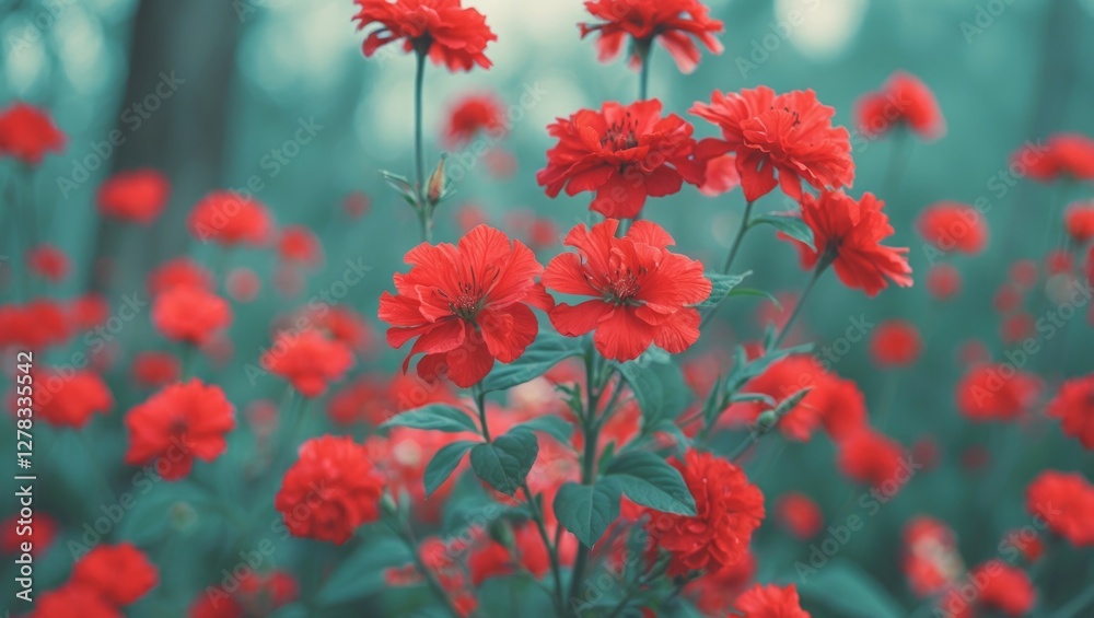 Vibrant Red Flowers Blooming in a Lush Green Field with Soft Focus and Space for Text Overlay Vibrant Red Flowers Blooming in a Lush Green Field with Soft Focus and Space for Text Overlay