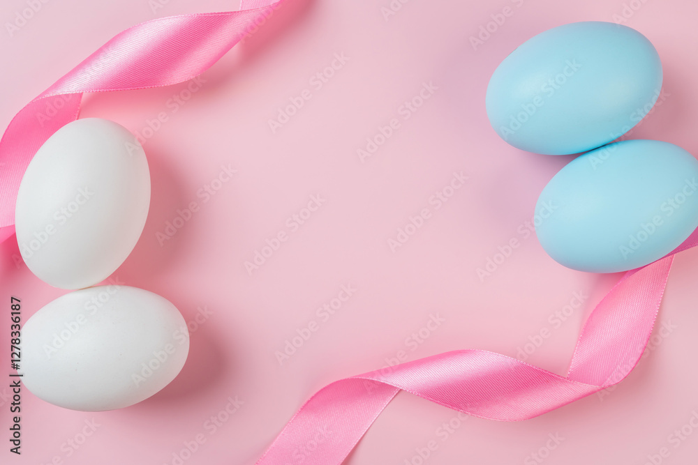 Happy Easter, pastel eggs and ribbon curly scroll on pink background. Happy Easter, pastel eggs and ribbon curly scroll on pink background.