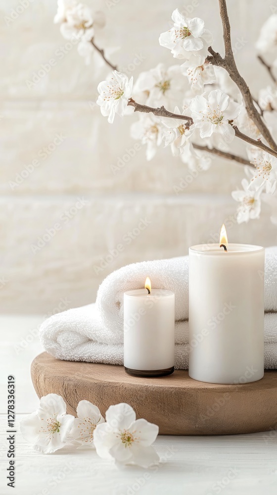 A tranquil spa arrangement features two candles and fresh white blossoms on a wooden tray with neatly folded towels, perfect for relaxation and self-care