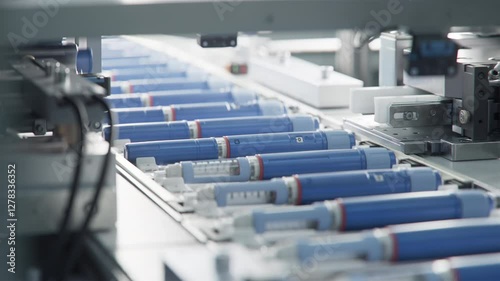 Row of Insulin Injection Pens on Conveyor Line during Production Process at Modern Pharmaceutical Factory. Weight Loss Medication Manufacturing. Medicinal Drug Production Plant.