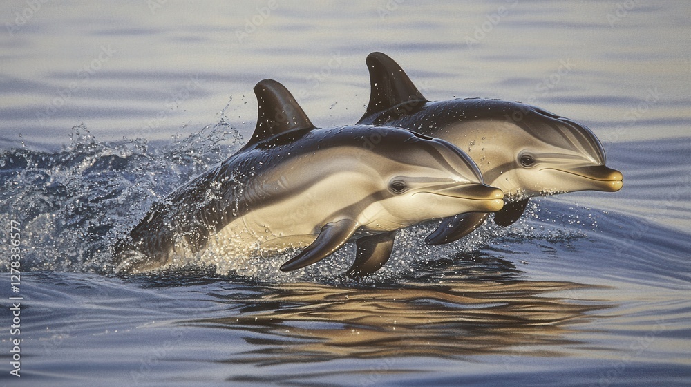 Fototapeta premium Two Dolphins Playfully Swimming Together in Calm Waters