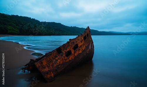 Eroded hull remnant on sandy shore with forest backdrop in twilight
