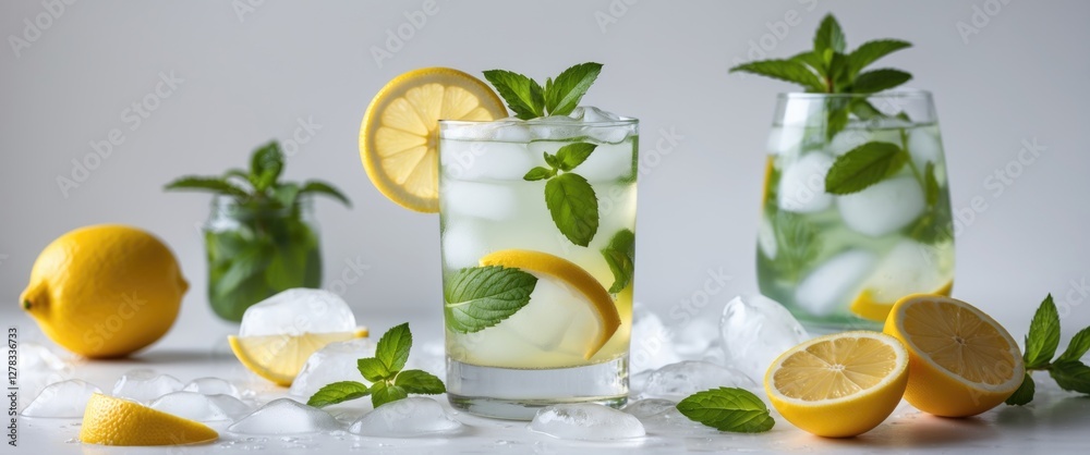 Fototapeta premium Refreshing summer beverage with ice, lemon, and mint in clear glasses, surrounded by fresh ingredients and ice. Perfect for seasonal promotions.