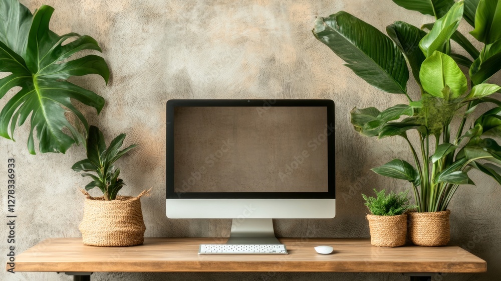 A stylish workspace features a monitor on a wooden desk surrounded by potted plants, creating a fresh and inviting atmosphere. Natural light enhances the ambiance A stylish workspace features a monitor on a wooden desk surrounded by potted plants, creating a fresh and inviting atmosphere. Natural light enhances the ambiance