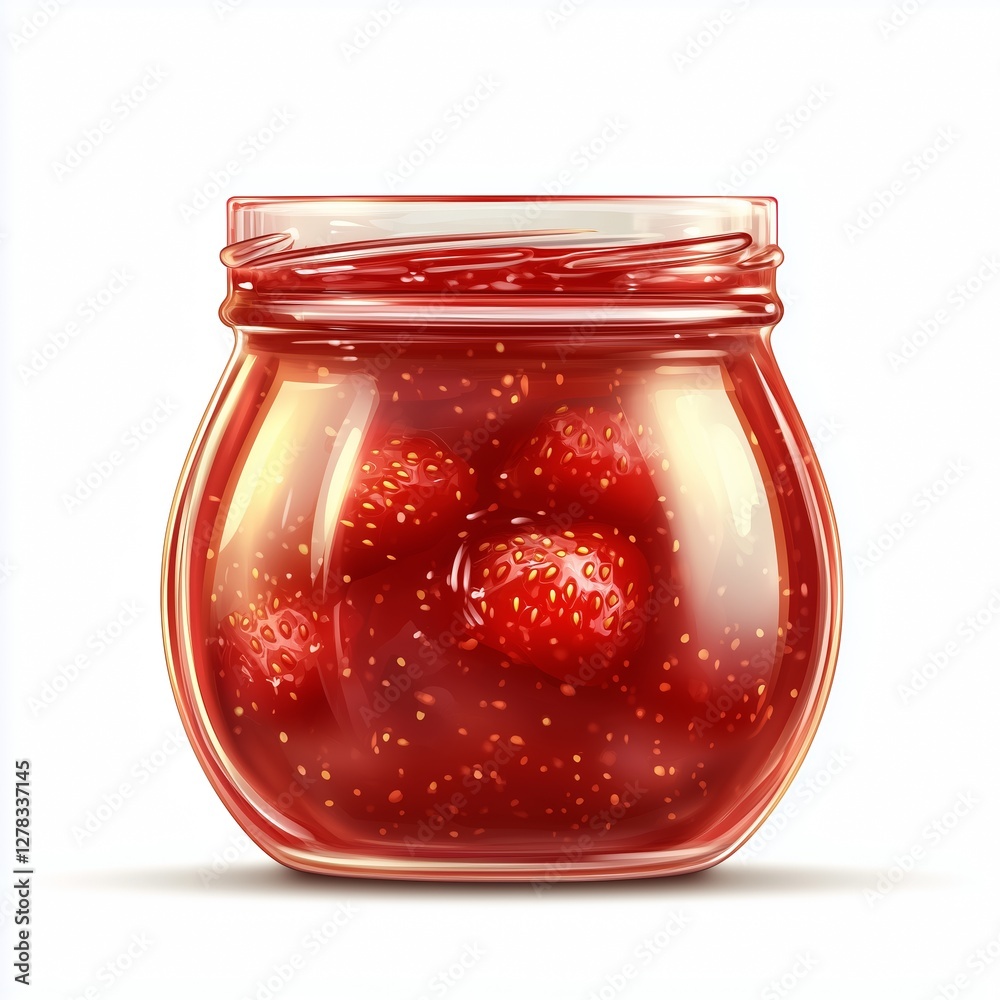 Realistic illustration of a glass jar filled with vibrant red strawberry jam, slightly overflowing, with visible fruit chunks and seeds on a clean white background. Realistic illustration of a glass jar filled with vibrant red strawberry jam, slightly overflowing, with visible fruit chunks and seeds on a clean white background.