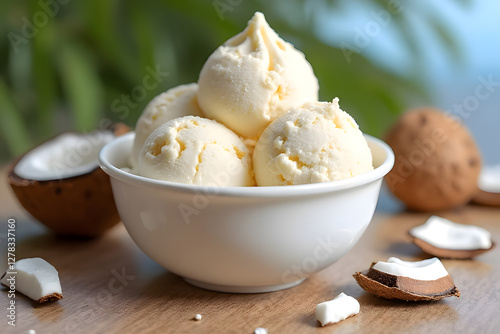 White coconut ice cream in a cup, decorated with coconuts around it, looks delicious photo