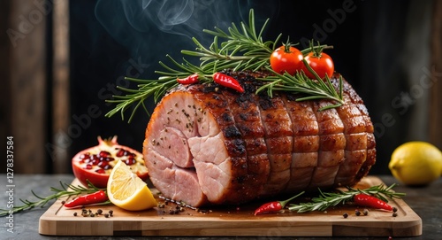 Roast pork with herbs and vegetables on a wooden cutting board perfect for culinary presentations with space for text or branding. photo