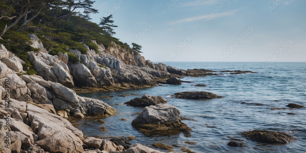 Scenic Rocky Shoreline with Clear Blue Waters and Lush Foliage Ideal for Nature Backgrounds and Text Placement Scenic Rocky Shoreline with Clear Blue Waters and Lush Foliage Ideal for Nature Backgrounds and Text Placement
