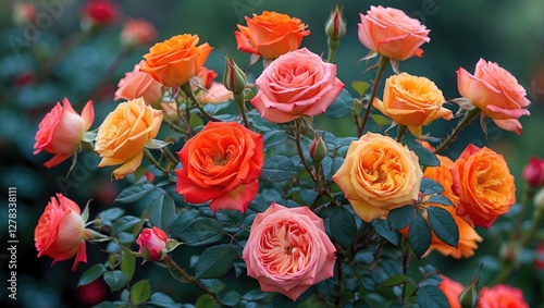 Vibrant Rosa Moyesii Plant with Orange-Red Floribunda Roses in Blooming Garden Setting