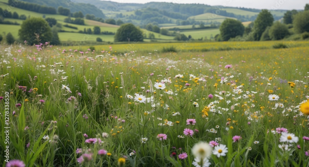 Vibrant Wildflower Meadow in Rural Landscape with Rolling Green Hills and Scenic Horizon Vibrant Wildflower Meadow in Rural Landscape with Rolling Green Hills and Scenic Horizon