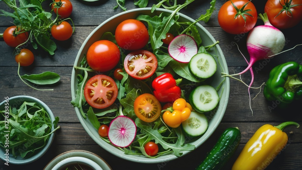 Fresh Colorful Salad Arrangement Featuring Tomatoes, Cucumbers, Radishes, Peppers, and Arugula on Wooden Table with Copy Space for Text Fresh Colorful Salad Arrangement Featuring Tomatoes, Cucumbers, Radishes, Peppers, and Arugula on Wooden Table with Copy Space for Text