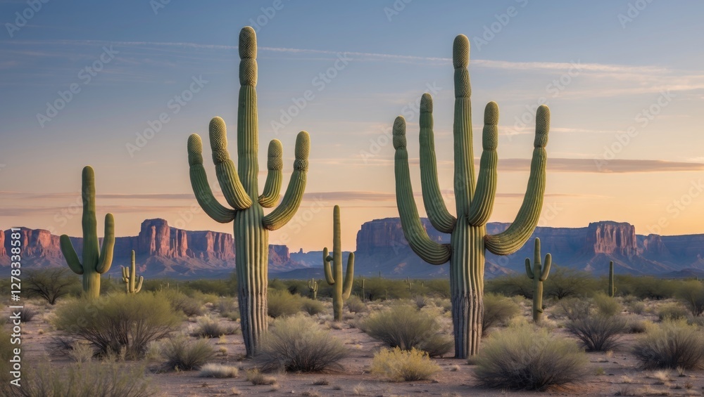 Saguaro Cacti Under Sunset with Desert Landscape and Mountains in Background Saguaro Cacti Under Sunset with Desert Landscape and Mountains in Background
