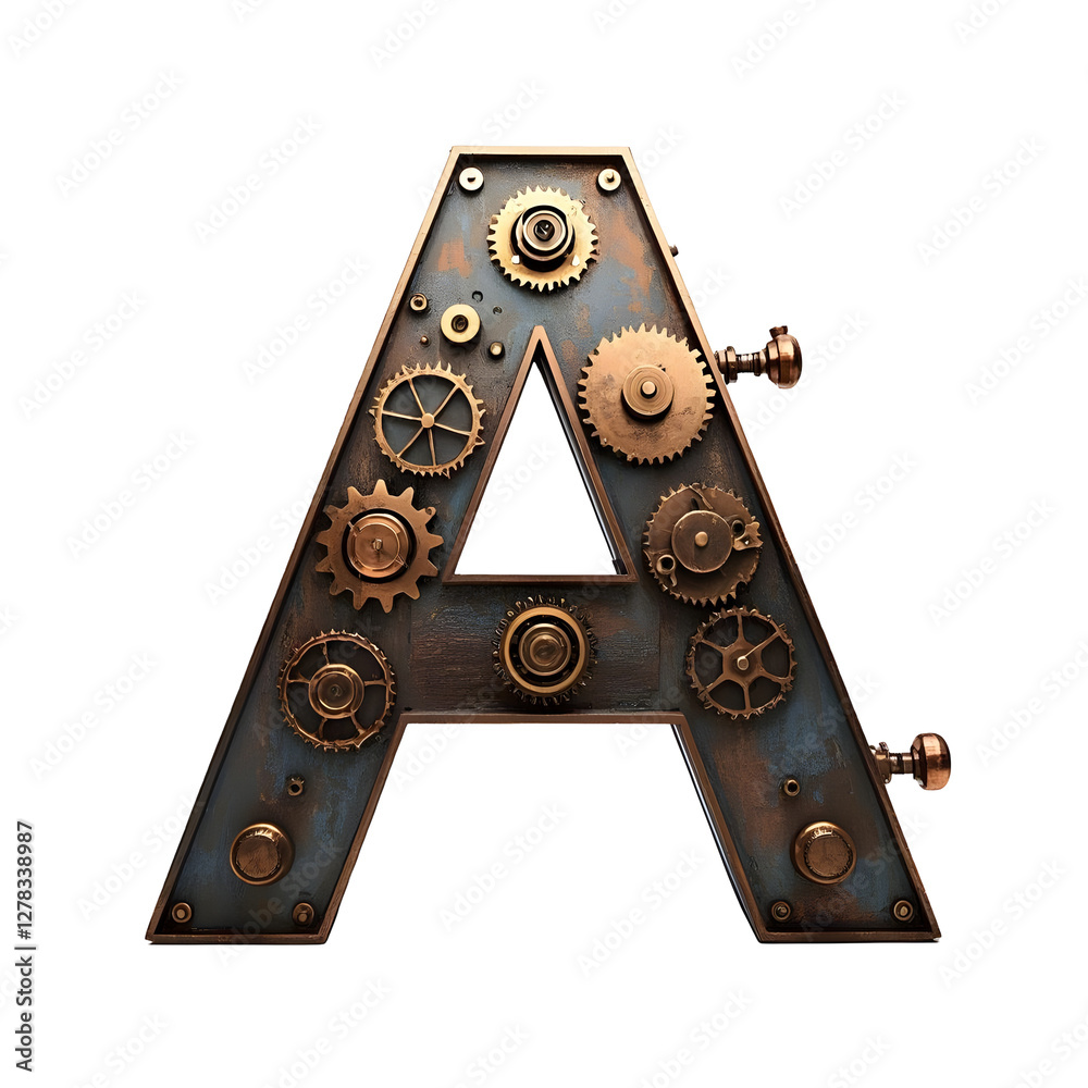 A 3D letter A constructed from intricate brass gears, cogs. The design features A 3D letter A constructed from intricate brass gears, cogs. The design features