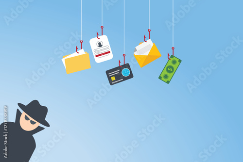 Hacker with laptop computer stealing confidential data, personal information and credit card detail. Hacking concept.	