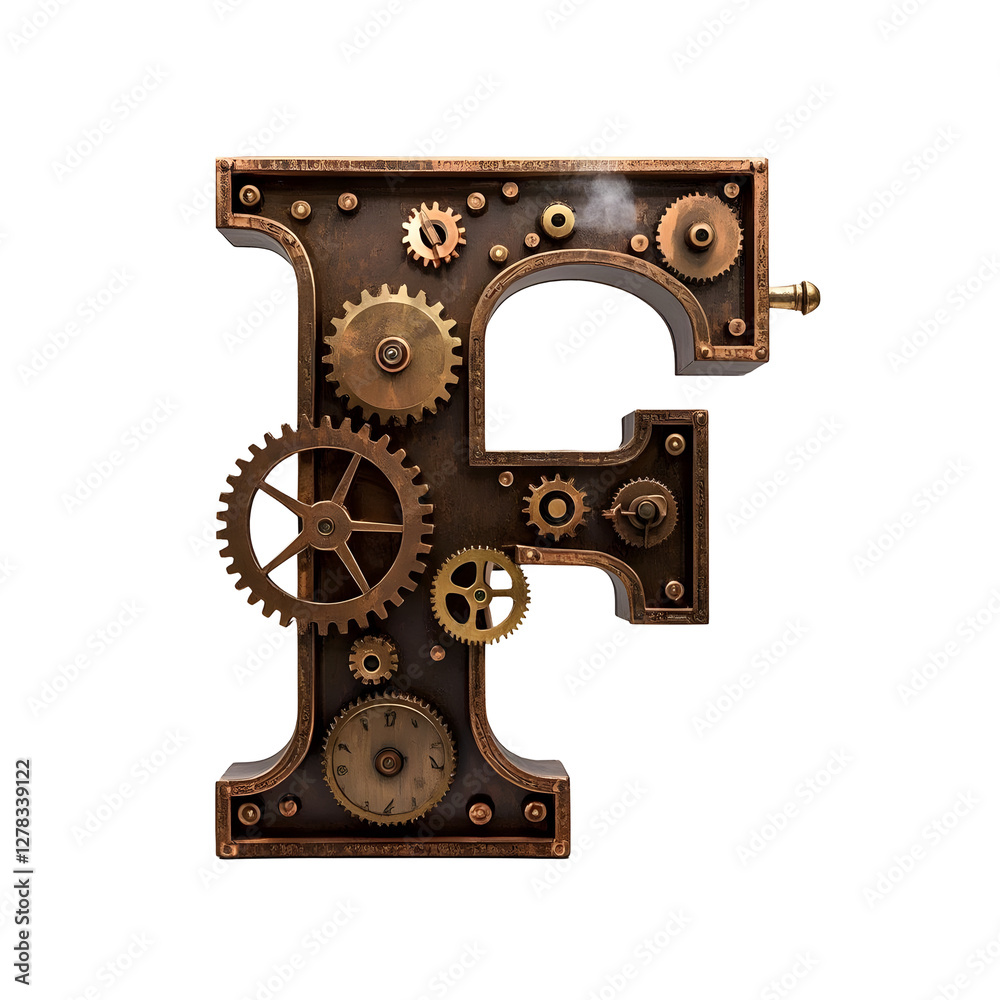 Fototapeta premium A 3D letter F constructed from intricate brass gears, cogs. The design features 