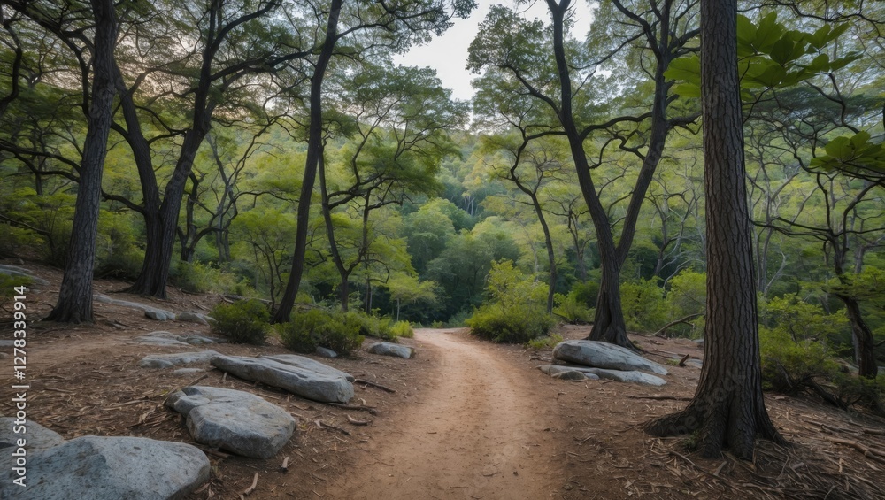 Naklejka premium Serene Nature Trail Surrounded by Lush Green Tree Canopy and Rocky Terrain in a Peaceful Forest Setting