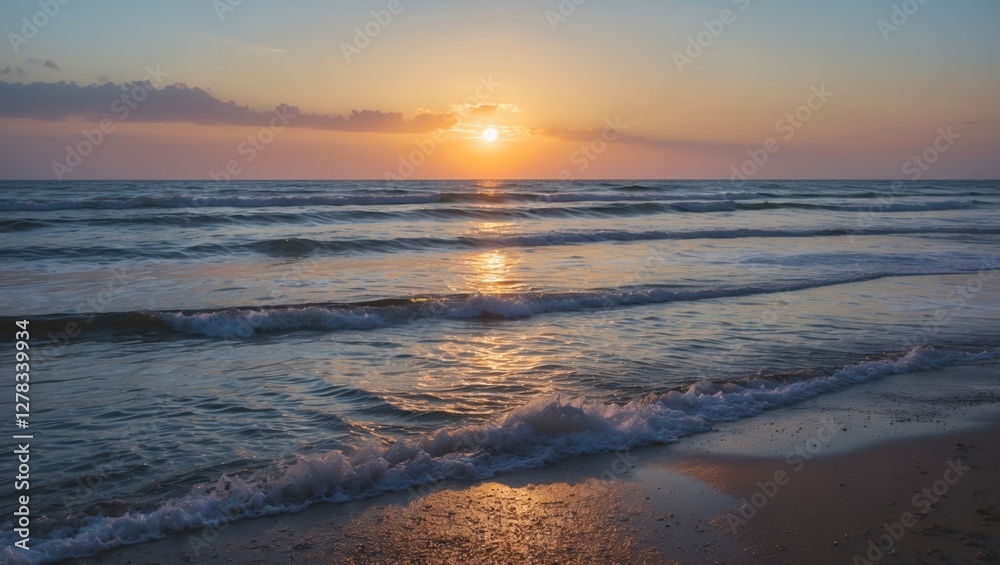 Serene Sunrise Over Tranquil Beach Waves Reflecting Early Morning Light