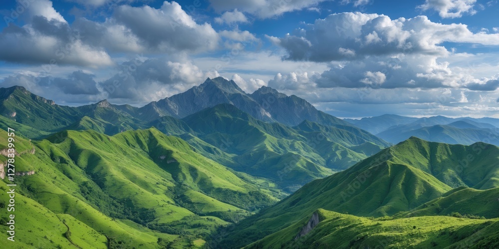 Fototapeta premium Lush Green Mountain Landscape Under a Dramatic Blue Sky with Fluffy Clouds and Distant Peaks Ideal for Nature and Travel Themes