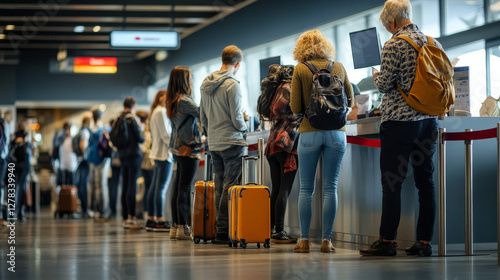 Airport terminal with check desk. People with suitcases standing in queue to registration for departure. Vector flat illustration of passengers with luggage and tickets in line to checkin counter
