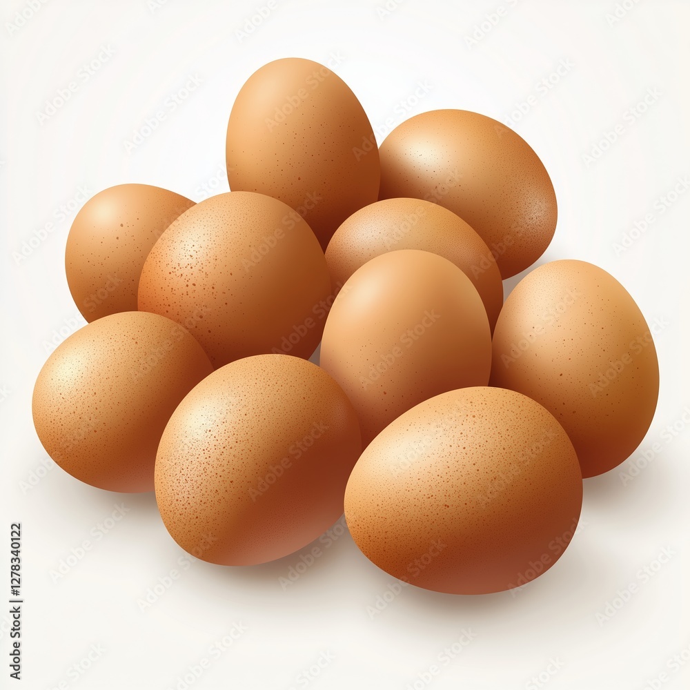 Realistic illustration of a natural pile of fresh brown eggs with a smooth, speckled texture and soft matte finish on a clean white background Realistic illustration of a natural pile of fresh brown eggs with a smooth, speckled texture and soft matte finish on a clean white background