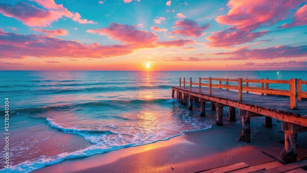 Obraz premium Sunrise over tranquil sea beach with wooden pier and vibrant sky colors, perfect for serene landscapes and inspirational text space.