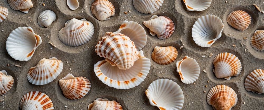 Seashells scattered on sandy beach showcasing natural textures with ample space for text or design elements. Ideal for summer themes. Seashells scattered on sandy beach showcasing natural textures with ample space for text or design elements. Ideal for summer themes.