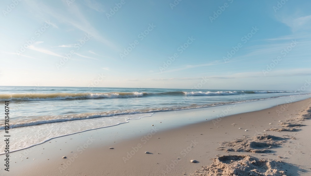 Tranquil Sea Waves Gently Lapping Against a Pristine Sandy Beach Under Bright Blue Skies and Soft White Clouds Tranquil Sea Waves Gently Lapping Against a Pristine Sandy Beach Under Bright Blue Skies and Soft White Clouds