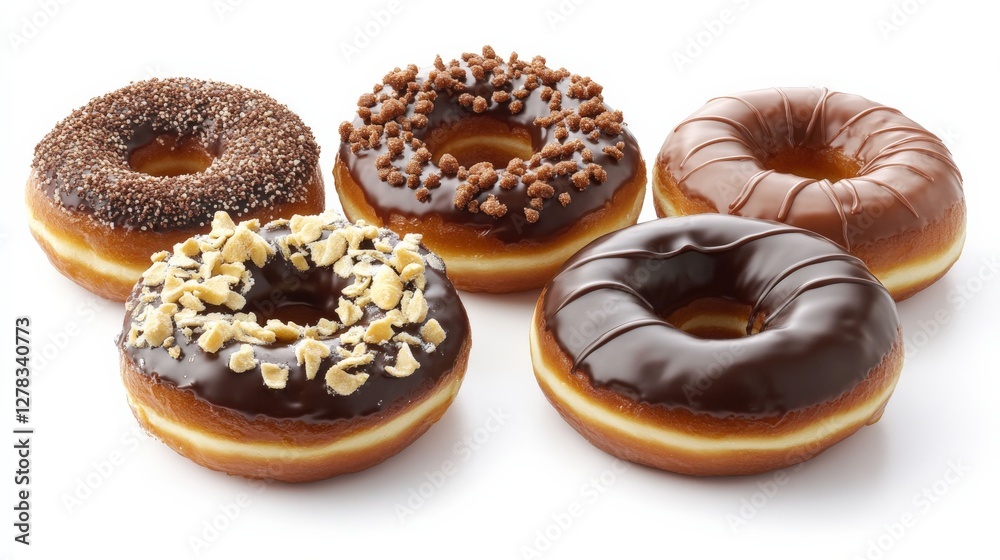 Assorted donuts with chocolate and sprinkles arranged on a white background, ideal for dessert promotion Assorted donuts with chocolate and sprinkles arranged on a white background, ideal for dessert promotion