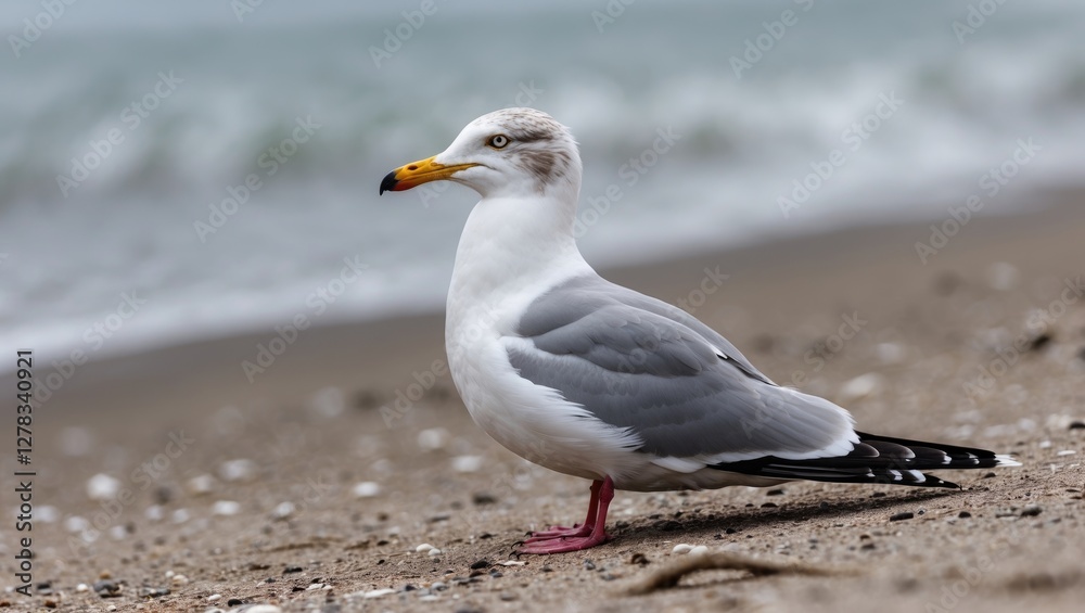 Seagull Resting Along the Shoreline with Gentle Waves in the Background on a Tranquil Beach Scene Seagull Resting Along the Shoreline with Gentle Waves in the Background on a Tranquil Beach Scene