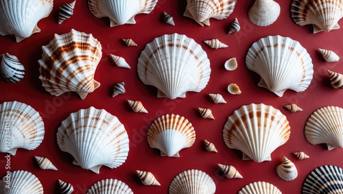 Seashells Arranged Aesthetically On A Vibrant Red Background Creating A Striking Coastal Decor Theme photo