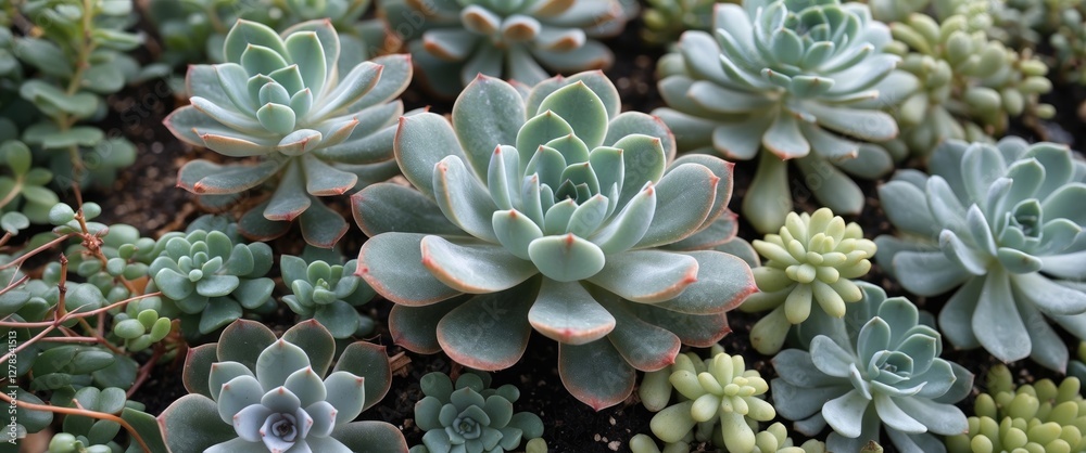 Succulent Plants Arrangement with Various Sedum Varieties and Blank Space for Creative Text or Design Elements Succulent Plants Arrangement with Various Sedum Varieties and Blank Space for Creative Text or Design Elements