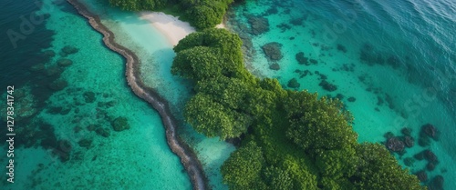 Aerial View of Vibrant Green Coral Reef Surrounded by Crystal Clear Turquoise Waters and Scenic Shoreline Environment