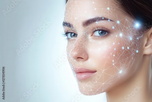 clinical beauty transformation showing advanced skin rejuvenation technology, holographic overlay displaying cellular regeneration