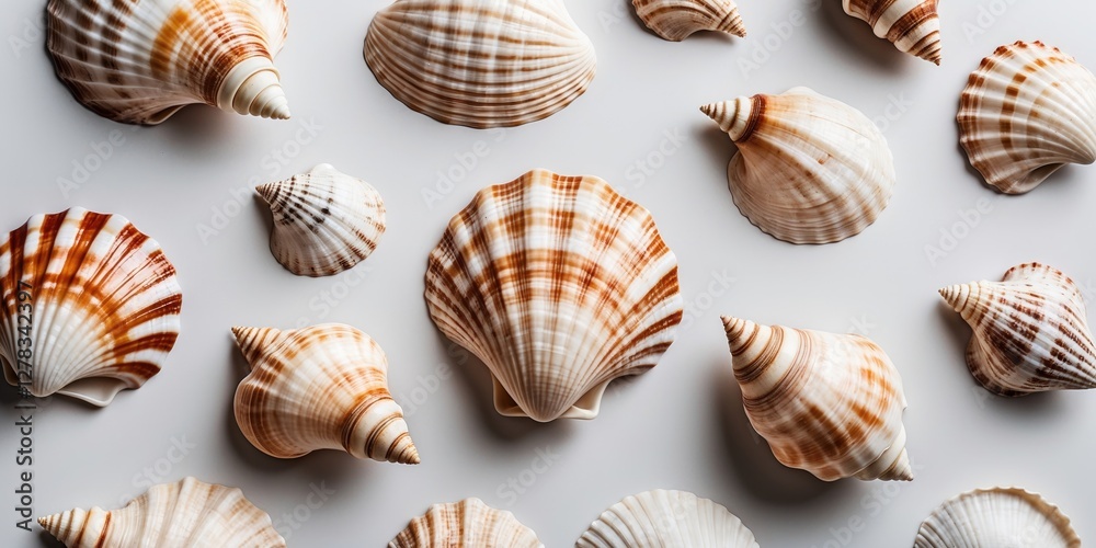 Assorted Seashells Arranged on White Surface with Space for Text or Design Elements in Nature or Beach Themes