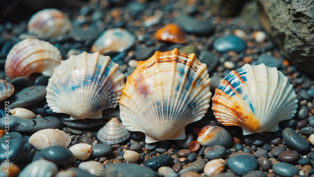 Colorful Seashells Arranged on Smooth Pebbles with Space for Text Overlay Colorful Seashells Arranged on Smooth Pebbles with Space for Text Overlay