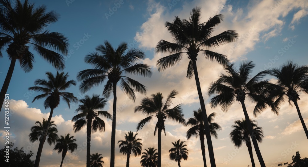 Obraz premium Silhouetted Palm Trees Against a Dramatic Sky with Clouds Creating a Serene Tropical Atmosphere at Dusk