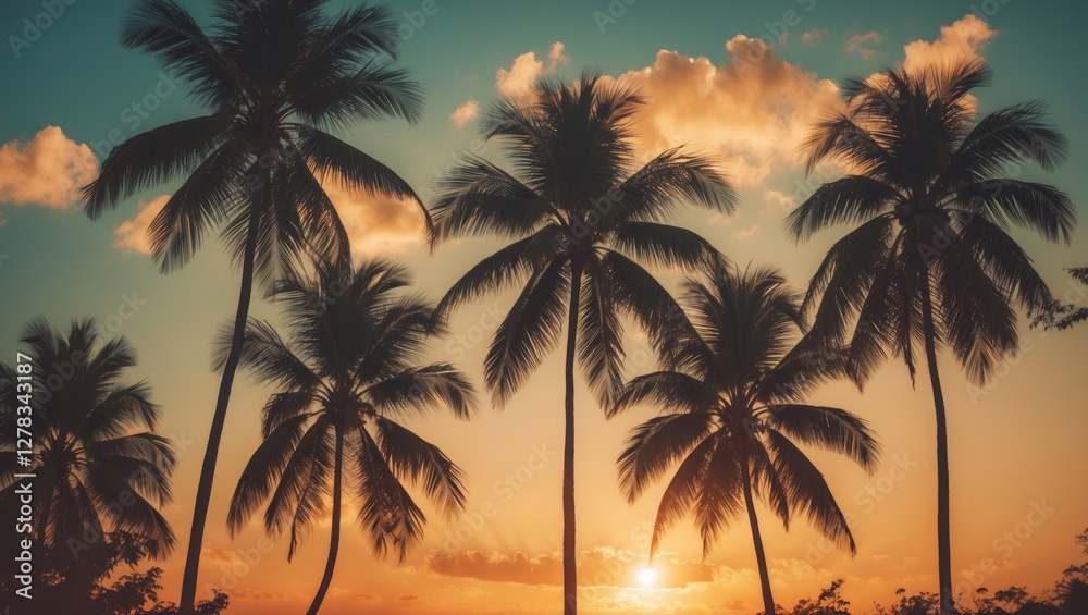 Tropical Palm Trees Silhouetted Against Vibrant Sunset Sky Evoking Summer Vacation Vibes With Soft Vintage Lighting Effects Tropical Palm Trees Silhouetted Against Vibrant Sunset Sky Evoking Summer Vacation Vibes With Soft Vintage Lighting Effects