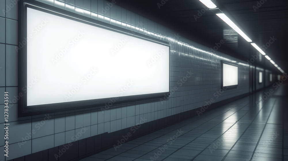 Blank movie posters illuminated by spotlights. Vector realistic mockup of white picture in black frames on gray tiled wall in cinema, theater hallway or gallery. Empty advertising banners with lamps Blank movie posters illuminated by spotlights. Vector realistic mockup of white picture in black frames on gray tiled wall in cinema, theater hallway or gallery. Empty advertising banners with lamps