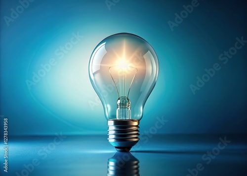 Bright Idea: Minimalist Blue Background with Glowing Light Bulb - Innovation Concept Stock Photo