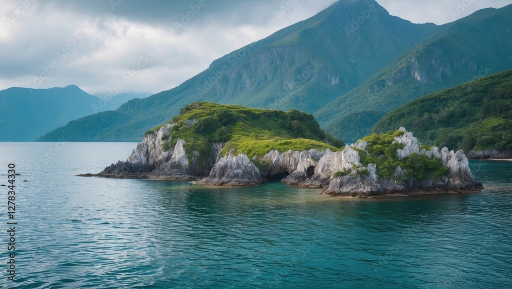 Tranquil coastal landscape featuring a small islet surrounded by calm waters and majestic mountains under a cloudy sky. Tranquil coastal landscape featuring a small islet surrounded by calm waters and majestic mountains under a cloudy sky.