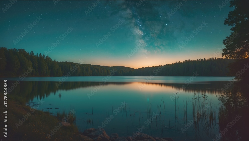 Fototapeta premium Tranquil Summer Night at Serene Lake with Starry Sky and Reflections Perfect for Text Overlay
