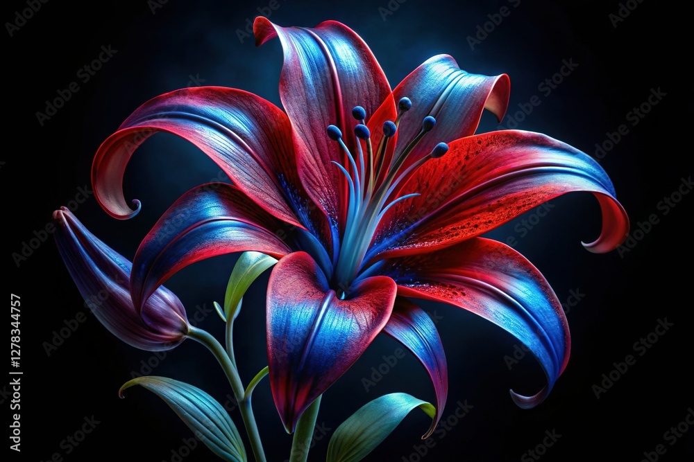 Dark Red & Blue Gothic Lily Flower, Intricate Stem, Black Background - Elegant Floral Art