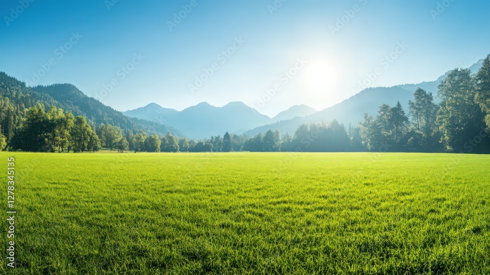 Vast Green Field and Sunlit Mountains Under Clear Blue Sky Vast Green Field and Sunlit Mountains Under Clear Blue Sky